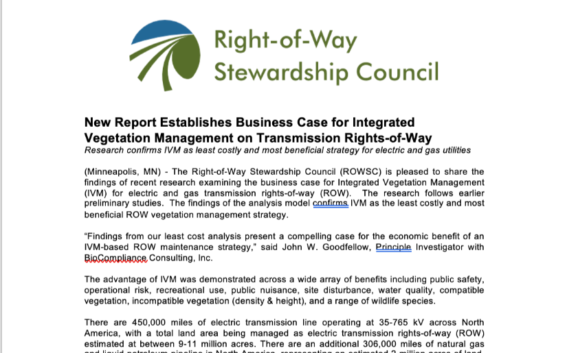  New Report Establishes Business Case for Integrated Vegetation Management on Transmission Rights-of-Way